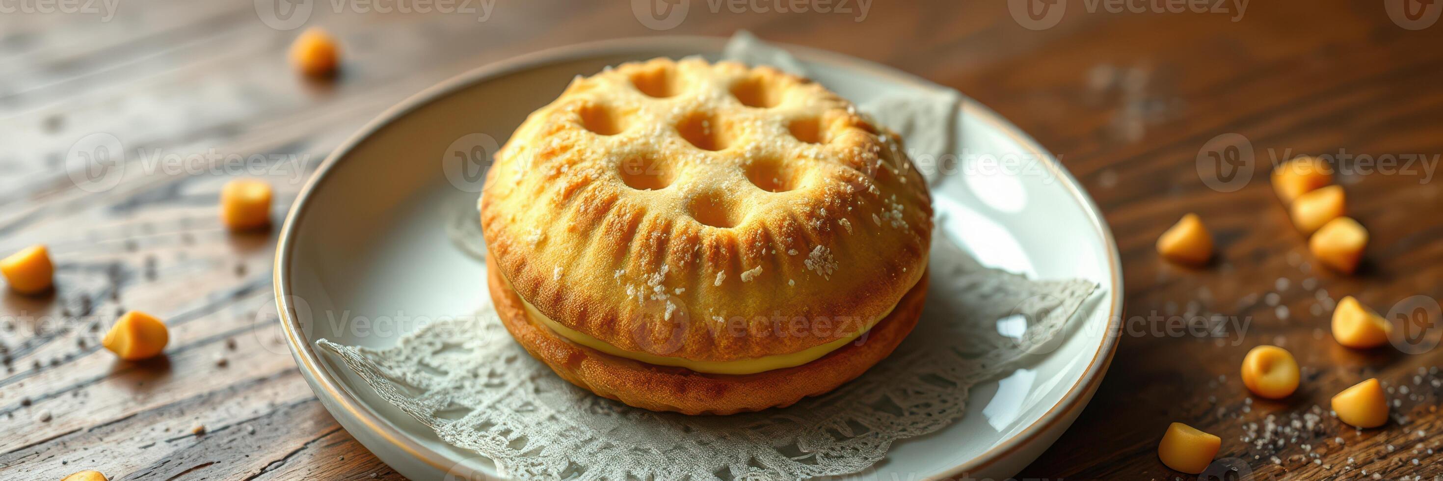Delicious freshly baked pastry with cream filling on a decorative plate in a cozy kitchen setting photo