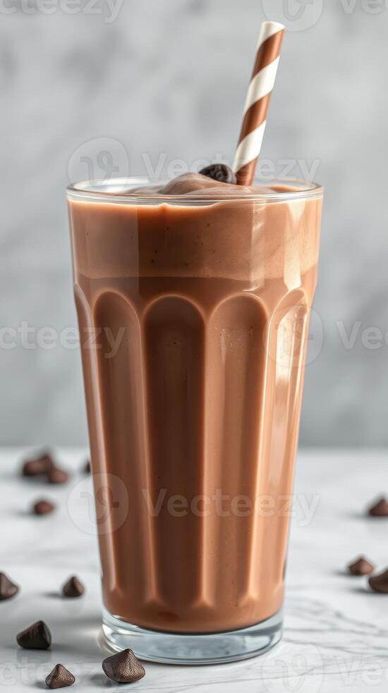 Delicious chocolate milkshake topped with whipped cream and a straw served on a marble surface photo