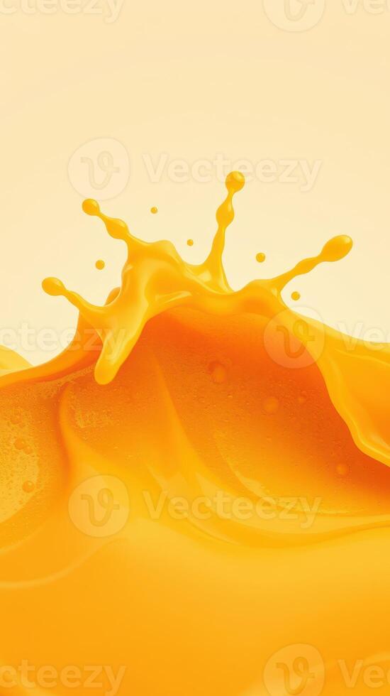 Bright orange liquid splash creating dynamic waves against a soft yellow background photo