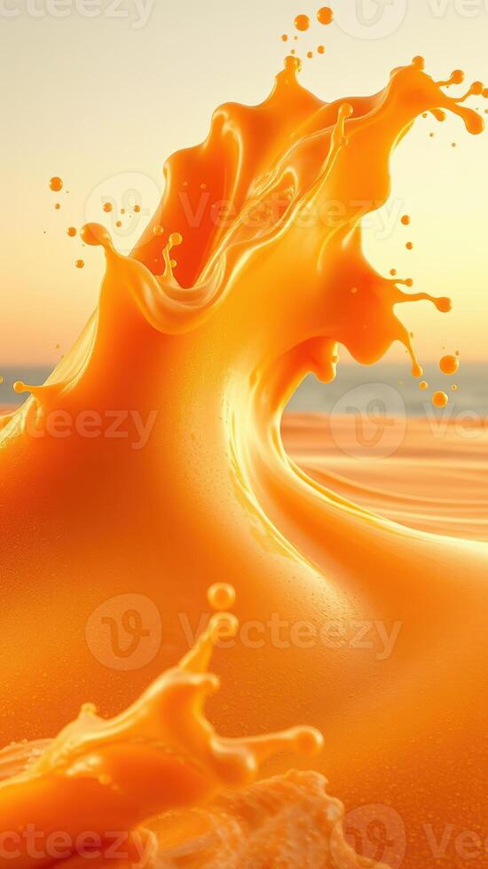 Vibrant orange wave splashing against a serene sunset backdrop at the beach photo