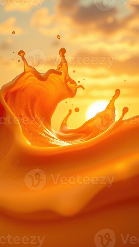 Vibrant splash of orange liquid capturing the glow of a sunset with dynamic waves and droplets in a serene atmosphere photo