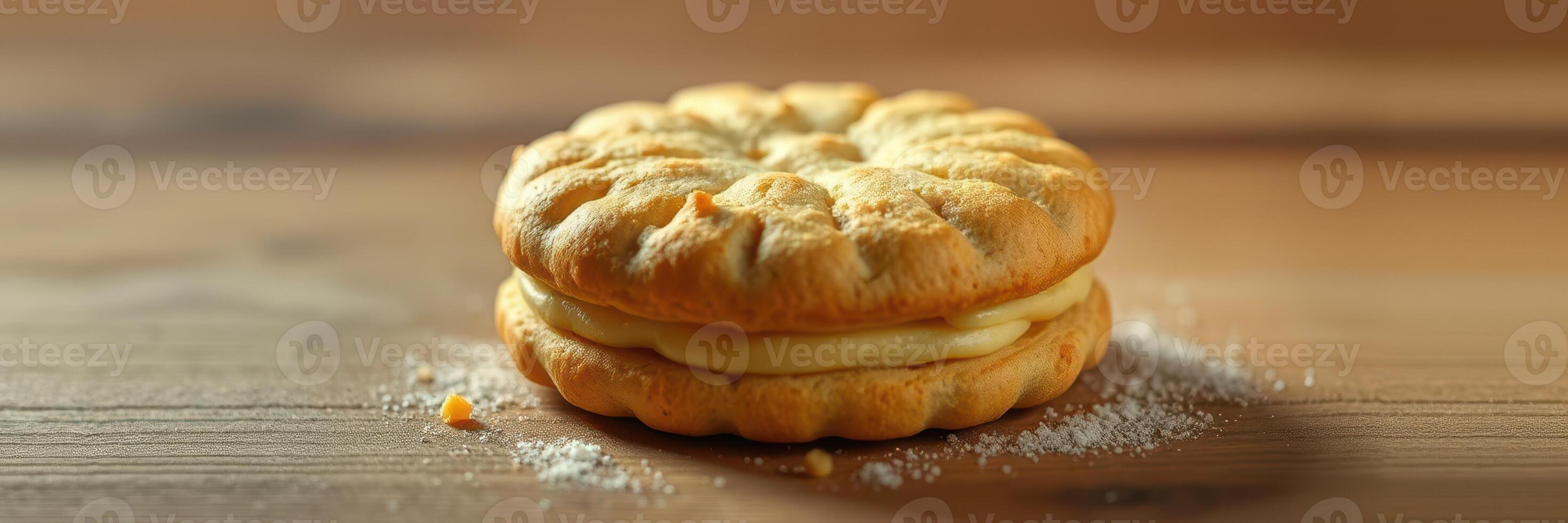 Deliciously crafted pastry sandwiches on a wooden surface with powdered sugar sprinkled around photo