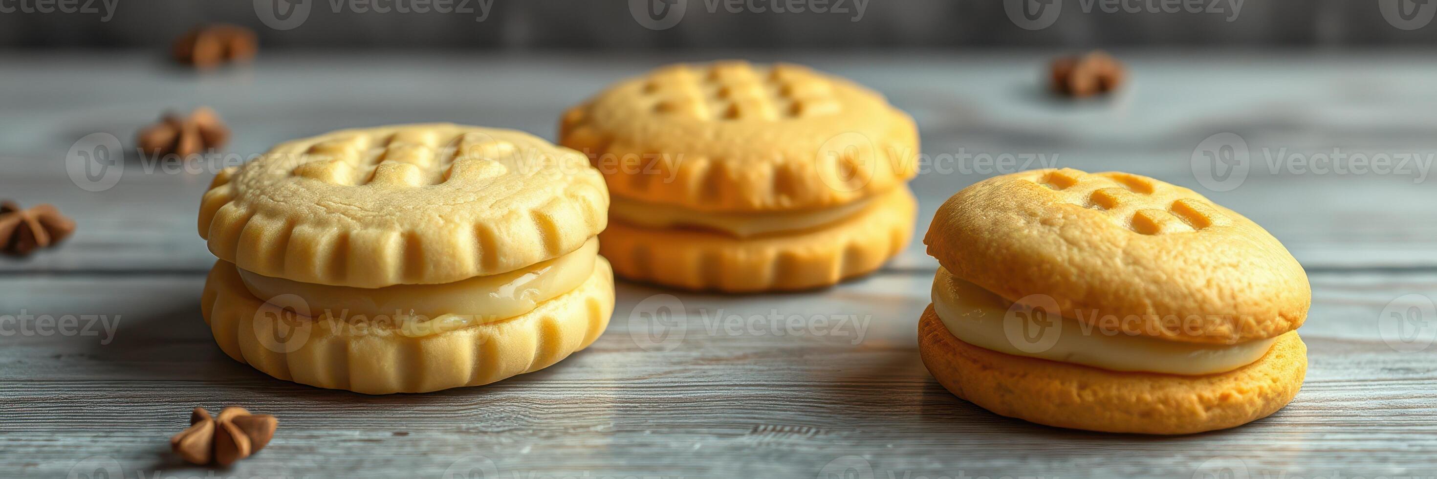 Homemade cookies arranged on a wooden table with warm lighting and decorative spices photo