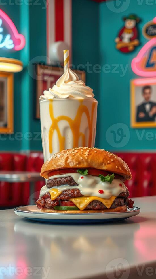 Enjoying a classic burger and milkshake at a vibrant diner in the heart of the city during a sunny afternoon photo