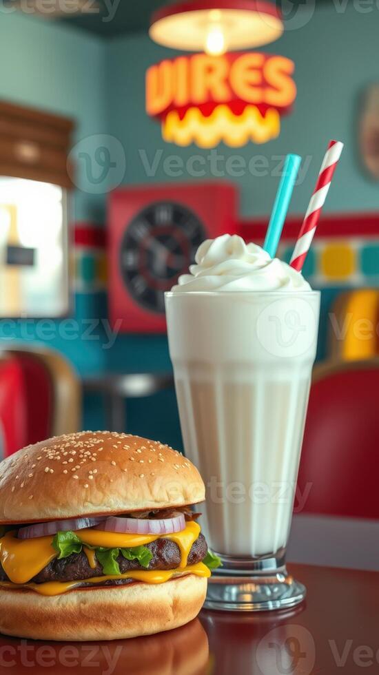 Classic diner serving a cheeseburger with a milkshake in a retro setting during lunchtime photo