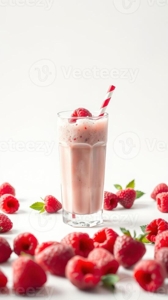 Refreshing raspberry milkshake garnished with fresh berries and a striped straw on a light background photo
