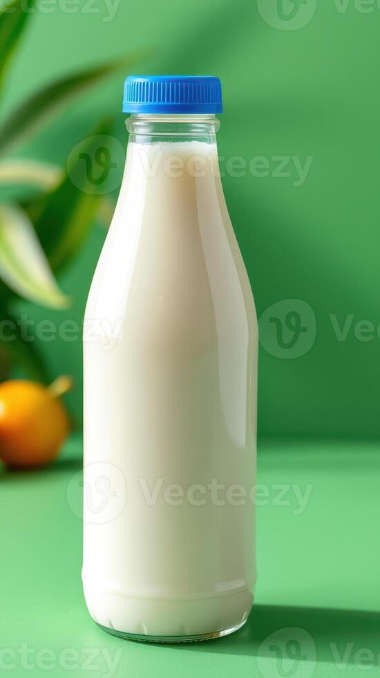Fresh milk in a clear bottle on a colorful background with green plants and orange fruit photo