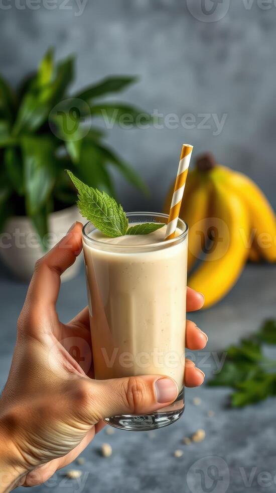 Refreshing banana mint smoothie served in a clear glass with a striped straw on a kitchen countertop photo
