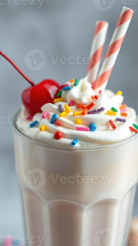 Creamy milkshake topped with whipped cream, cherry, and colorful sprinkles in a tall glass photo