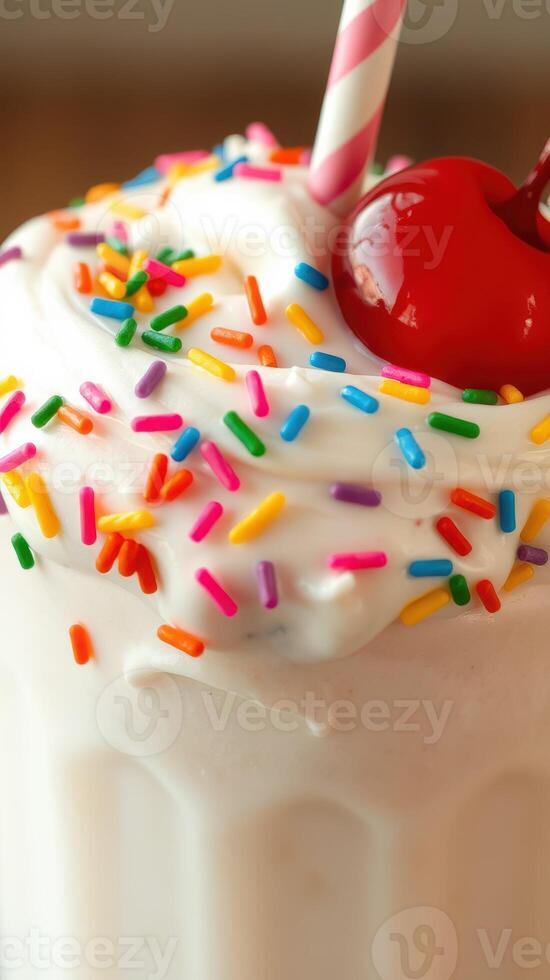 Creamy milkshake topped with colorful sprinkles and a cherry served in a glass with straws photo