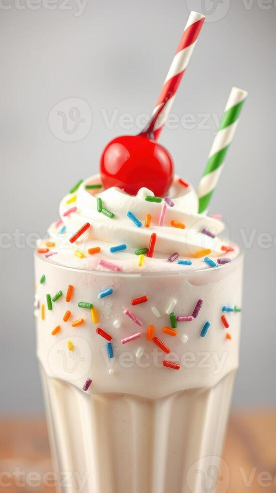 Creamy milkshake topped with sprinkles and a cherry in a tall glass with colorful straws photo