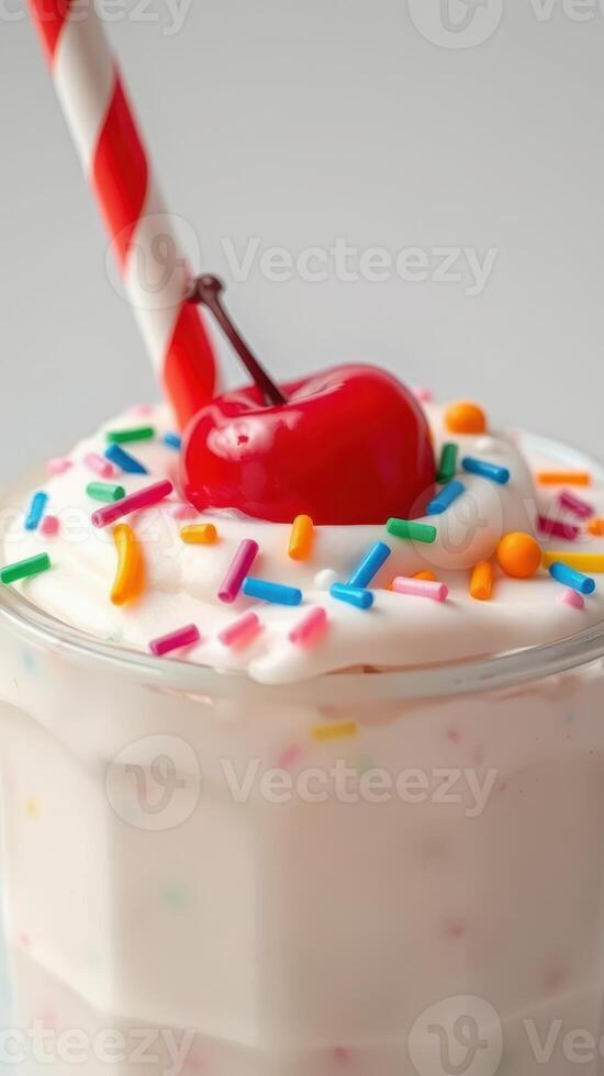 Delicious milkshake topped with whipped cream, sprinkles, and a cherry on a vibrant straw for a perfect treat photo