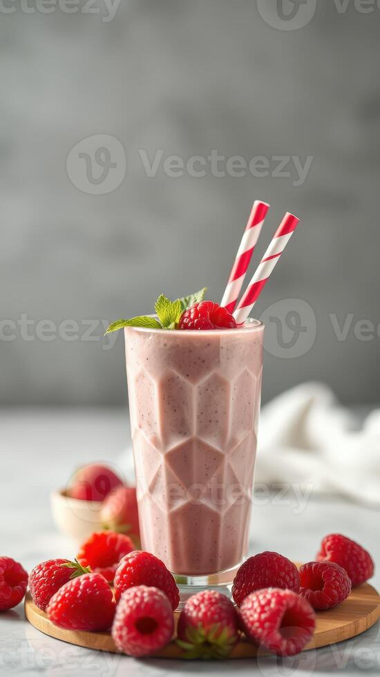 Refreshing raspberry smoothie served in a tall glass with garnishes and fresh raspberries on a wooden board photo