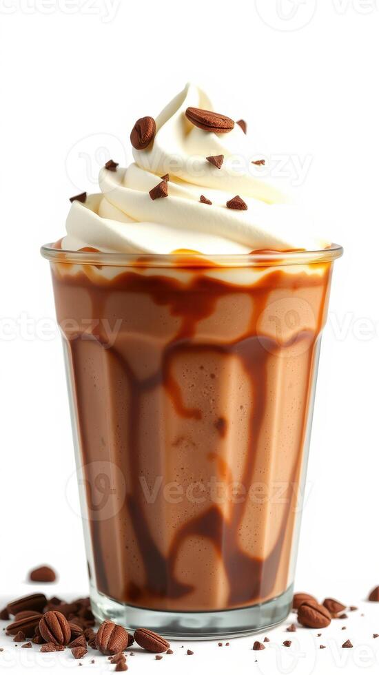 Delicious dessert drink with whipped cream and chocolate drizzle served in a clear glass with coffee beans photo