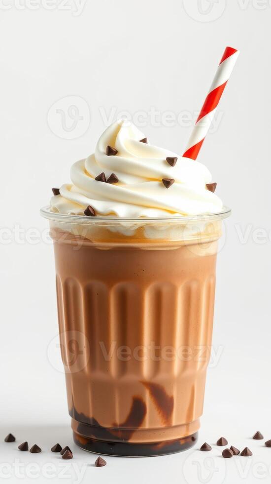 Creamy chocolate milkshake topped with whipped cream and chocolate chips served in a glass with a straw photo