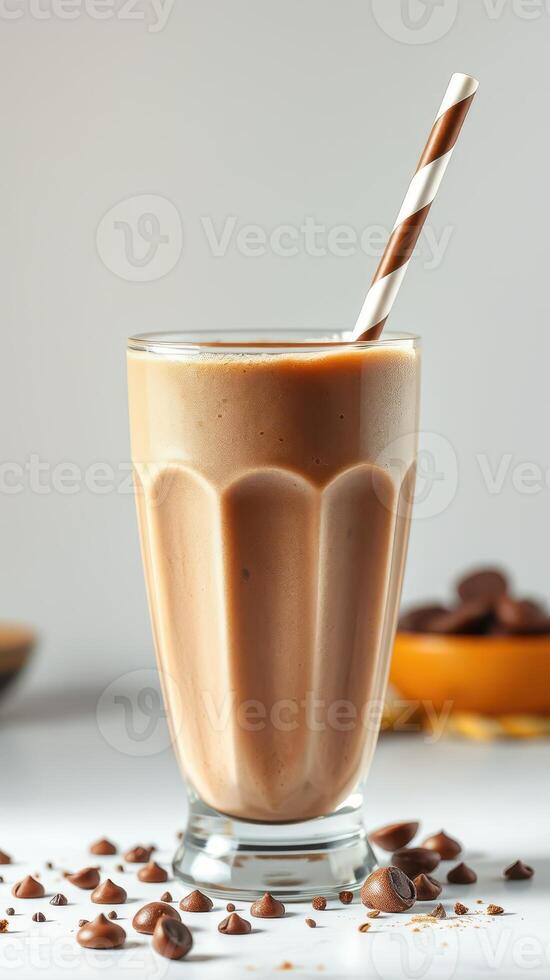 Delicious chocolate milkshake in a tall glass with a striped straw on a white background with chocolate chips photo