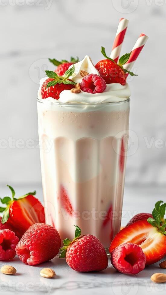 Creamy strawberry and raspberry milkshake served in a tall glass with fresh berries and whipped cream photo