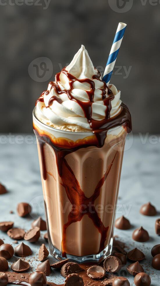 Decadent chocolate milkshake topped with whipped cream and chocolate drizzle served with a striped straw photo