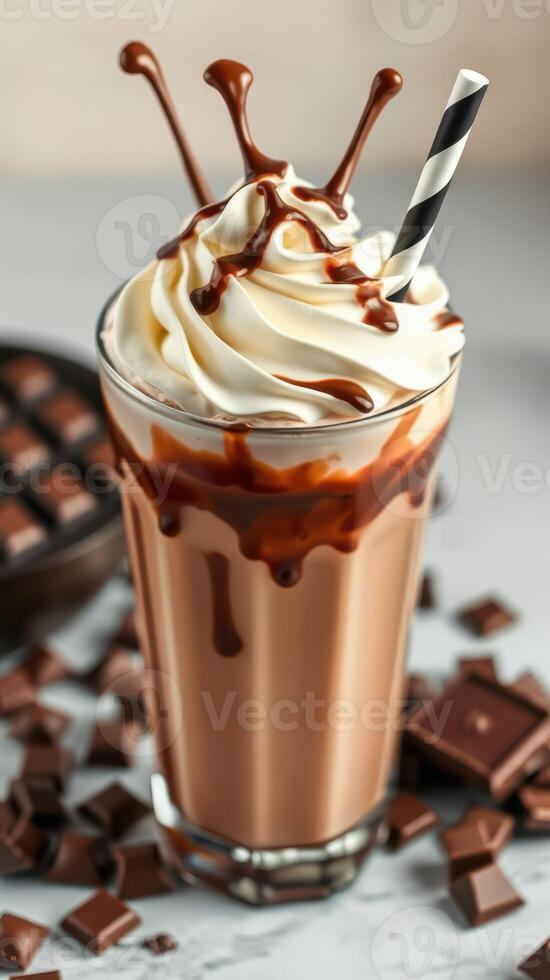 Creamy chocolate milkshake topped with whipped cream and drizzle served with chocolate pieces photo