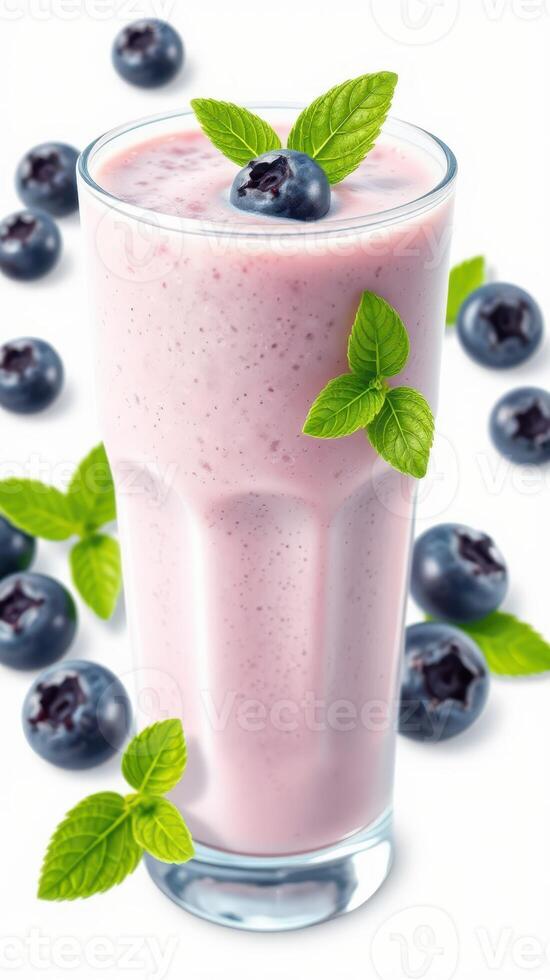 Refreshing blueberry smoothie with mint leaves garnishing and fresh blueberries on display photo