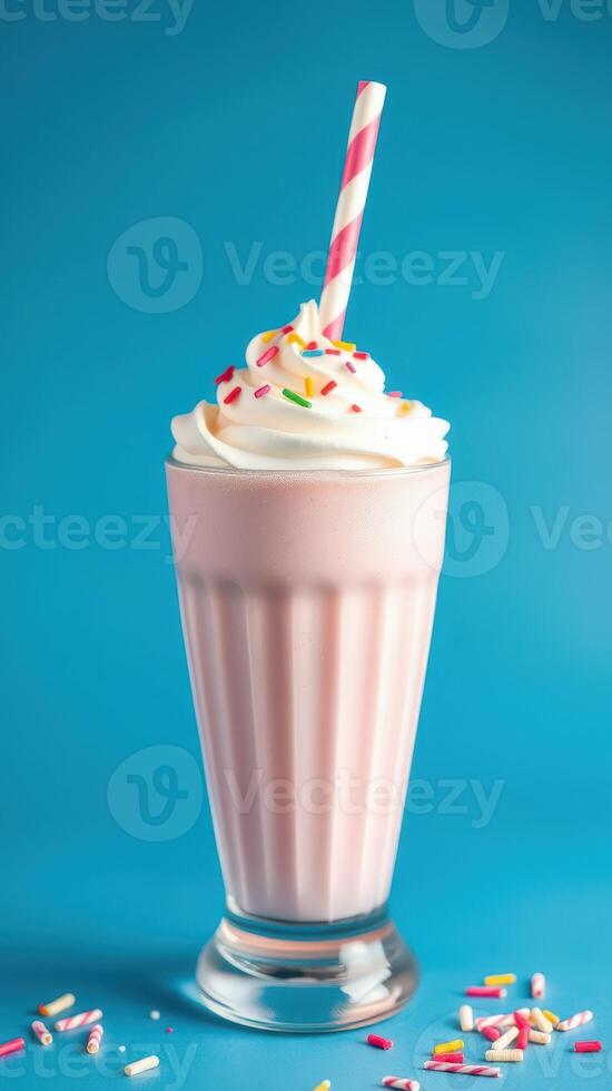 Creamy pink milkshake topped with whipped cream and colorful sprinkles in a tall glass photo