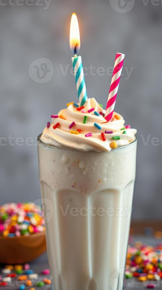 Creamy milkshake topped with whipped cream, colorful sprinkles, and birthday candles in a stylish glass photo