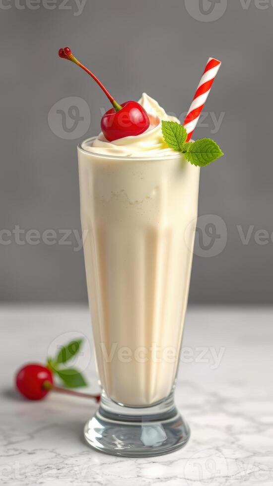 Creamy milkshake topped with whipped cream and cherries in a glass on a marble countertop in a cozy setting photo