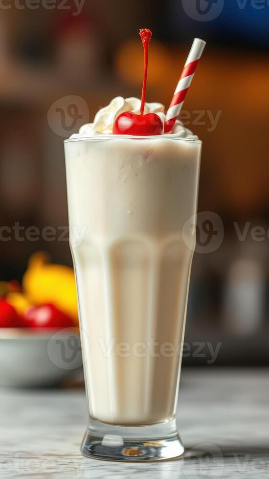 Creamy milkshake topped with whipped cream and a cherry served in a tall glass with a straw photo