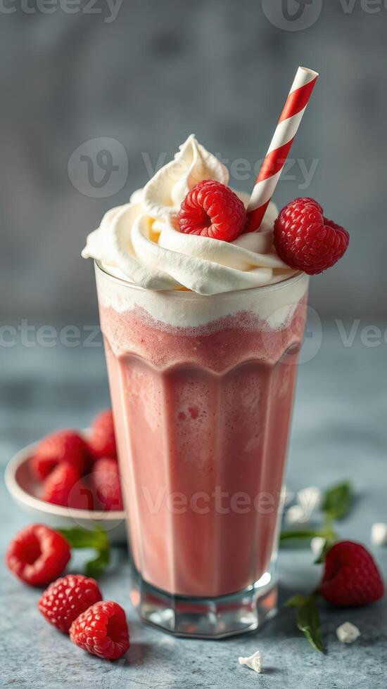 Delicious raspberry milkshake topped with whipped cream and fresh berries in a glass on a textured background photo
