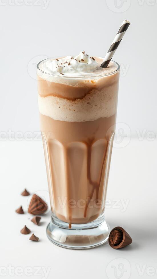 Creamy chocolate milkshake topped with whipped cream and chocolate drizzle on a light background photo