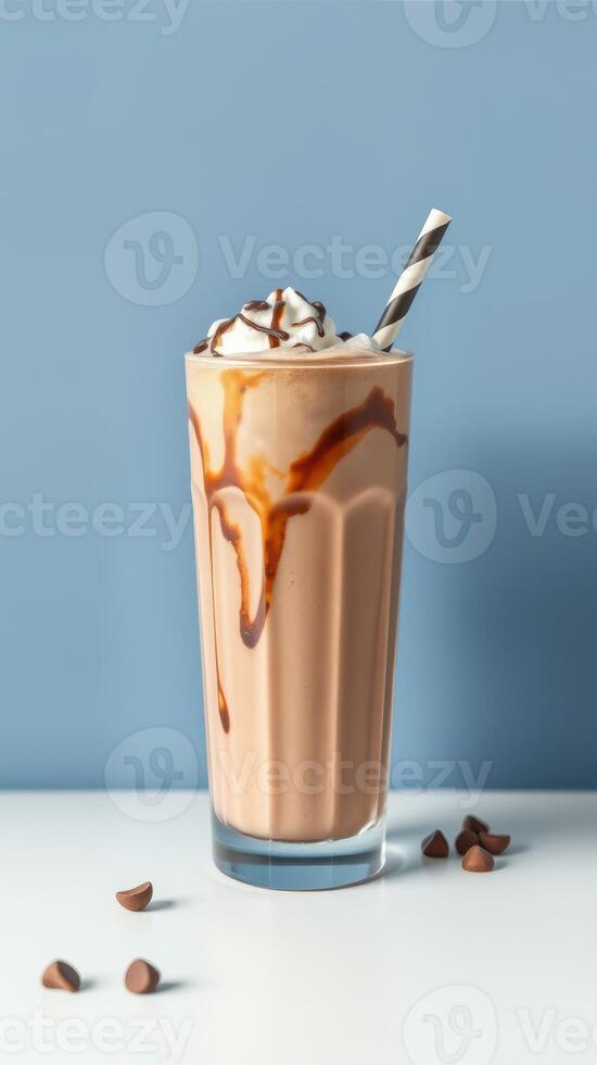 Creamy chocolate milkshake topped with whipped cream and a drizzle of syrup on a simple backdrop photo