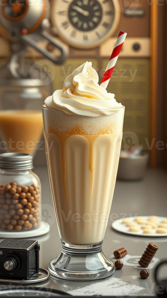 Creamy milkshake topped with whipped cream and straw in a vintage cafe setting during afternoon photo