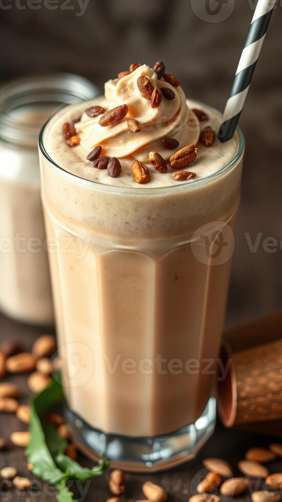 Delicious coffee beverage topped with whipped cream and nuts in a glass at a cozy cafe photo