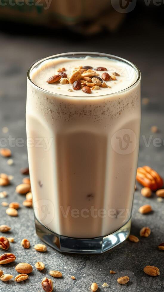 Creamy nut-based beverage garnished with seeds served in a tall glass on a dark surface photo