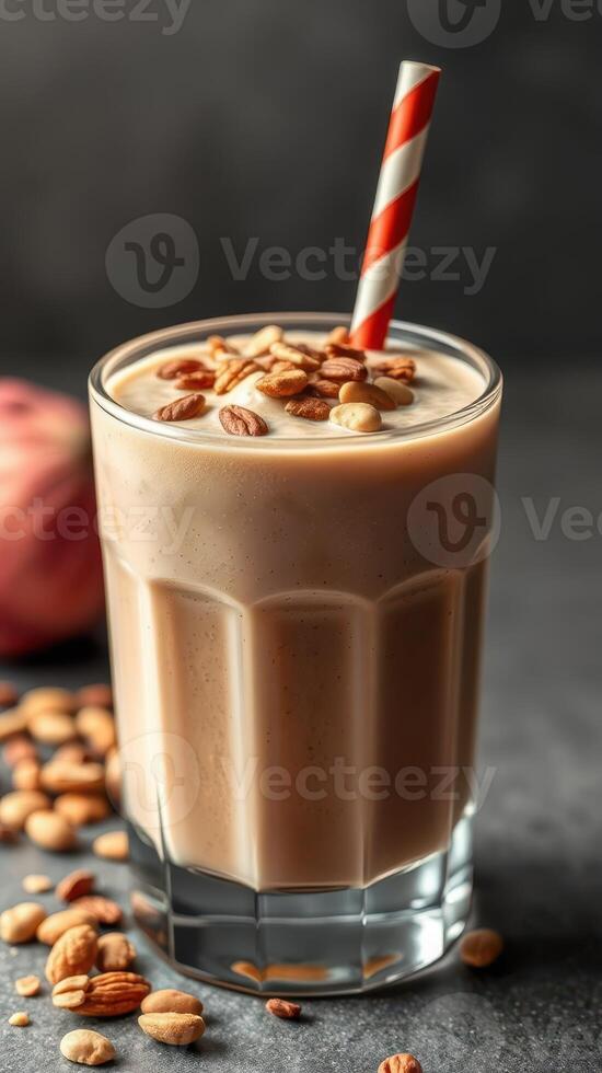 Creamy smoothie topped with crunchy granola and a striped straw in a glass on a dark surface photo