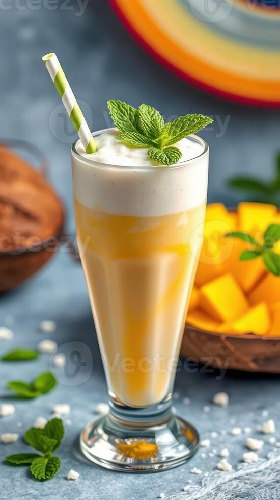 Refreshing mango smoothie topped with whipped cream and mint served with fresh mango pieces photo