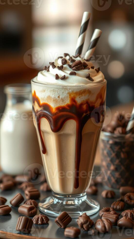 Creamy chocolate coffee shake with whipped cream and chocolate chips on a wooden table photo