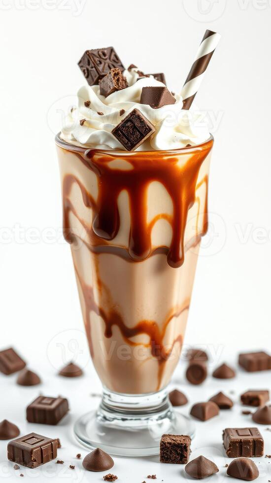 Delicious chocolate milkshake topped with whipped cream, chocolate chunks, and a striped straw in a glass photo