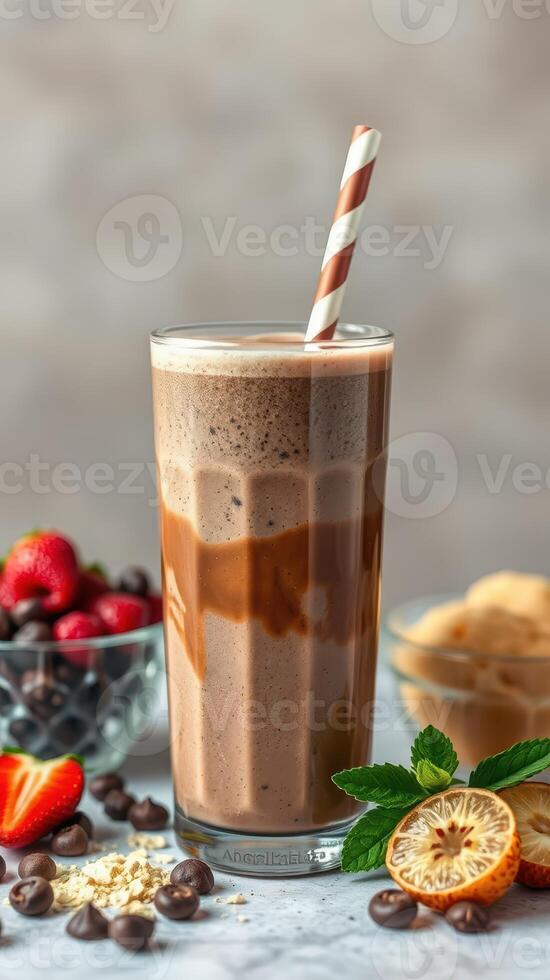Smoothie with chocolate and fruit garnishes on a light background featuring a straw and healthy snacks photo