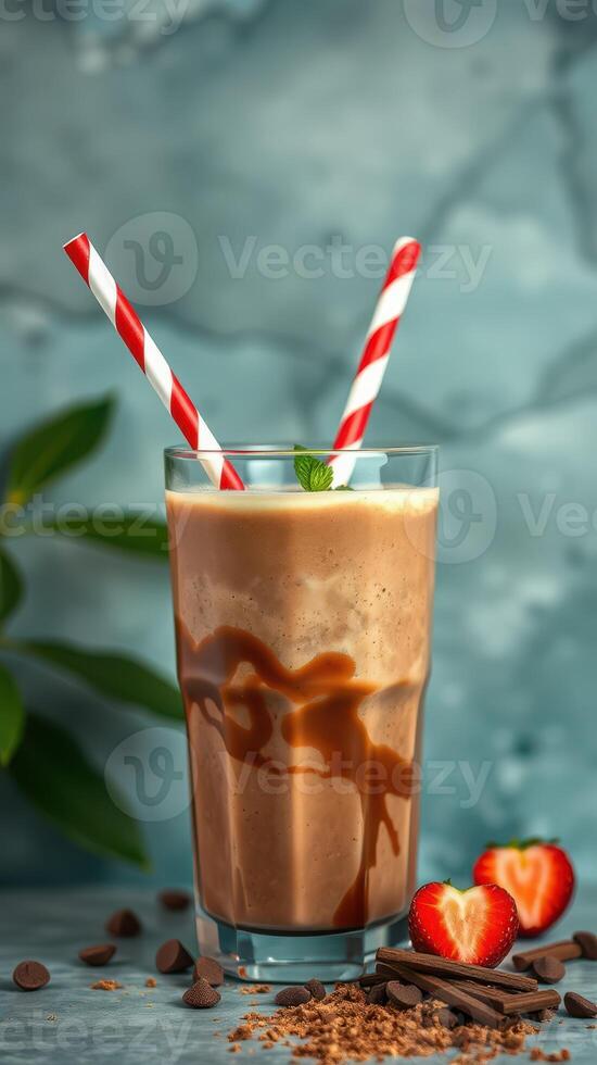 Chocolate milkshake with fresh strawberries and mint served in a tall glass on a blue background photo