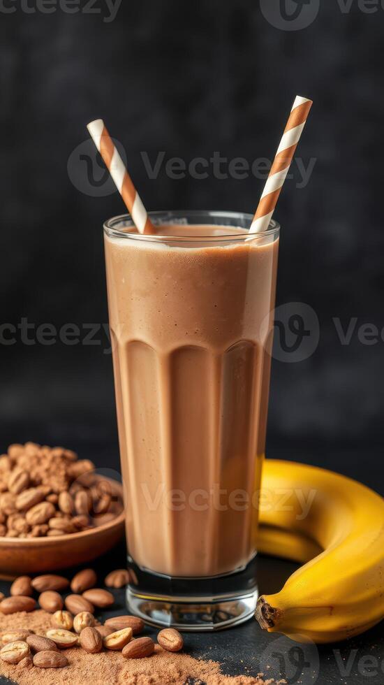 Delicious chocolate banana smoothie with straws and garnished toppings at a cozy cafe in the afternoon photo