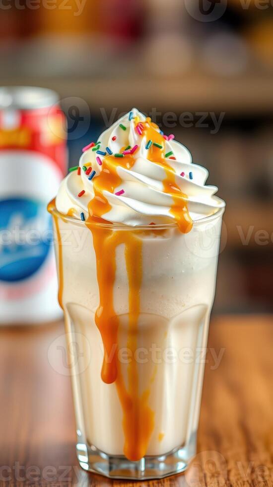 Creamy caramel sundae with whipped cream and colorful sprinkles served in a glass photo