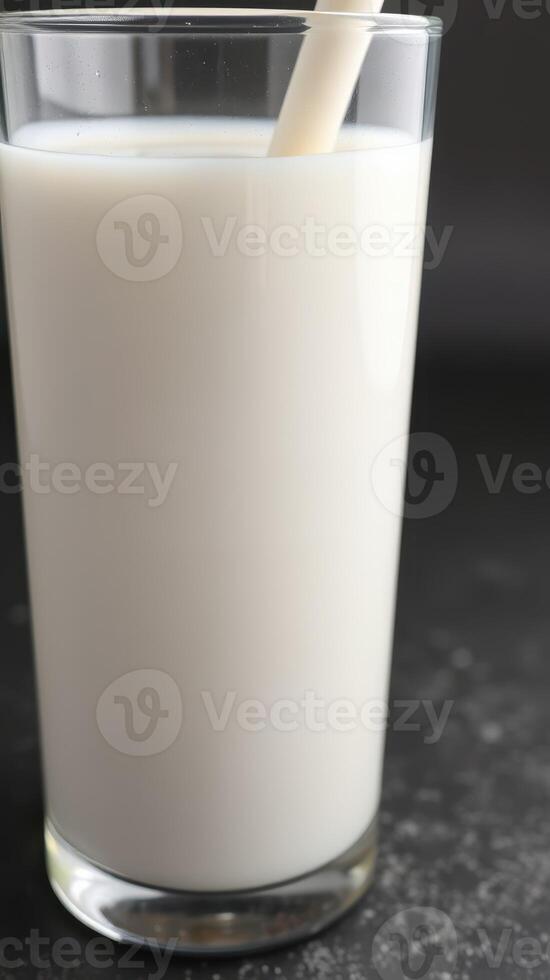 Creamy beverage served in a tall glass with a straw against a dark background photo