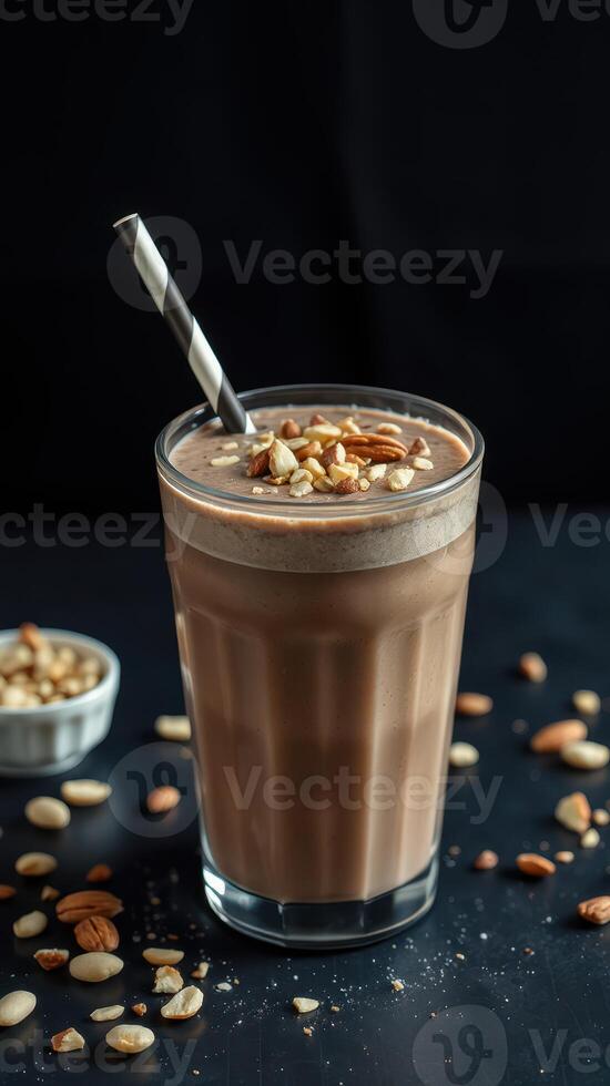 Delicious chocolate almond smoothie served in a tall glass with crushed nuts on top and scattered almonds around photo