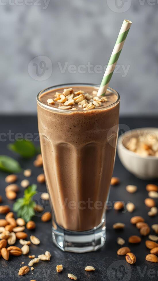 Delicious peanut butter smoothie topped with crushed nuts served in a tall glass on a dark background photo
