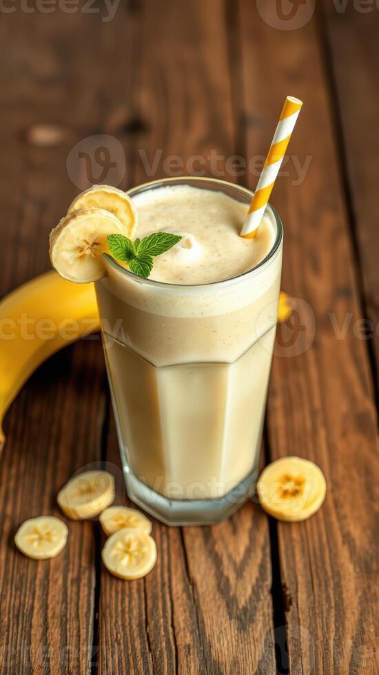 Creamy banana smoothie in a glass with fresh fruit and a straw on a wooden table photo