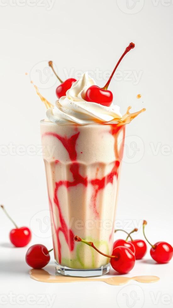 Delightful cherry topped milkshake with vibrant toppings presented on a clean background photo