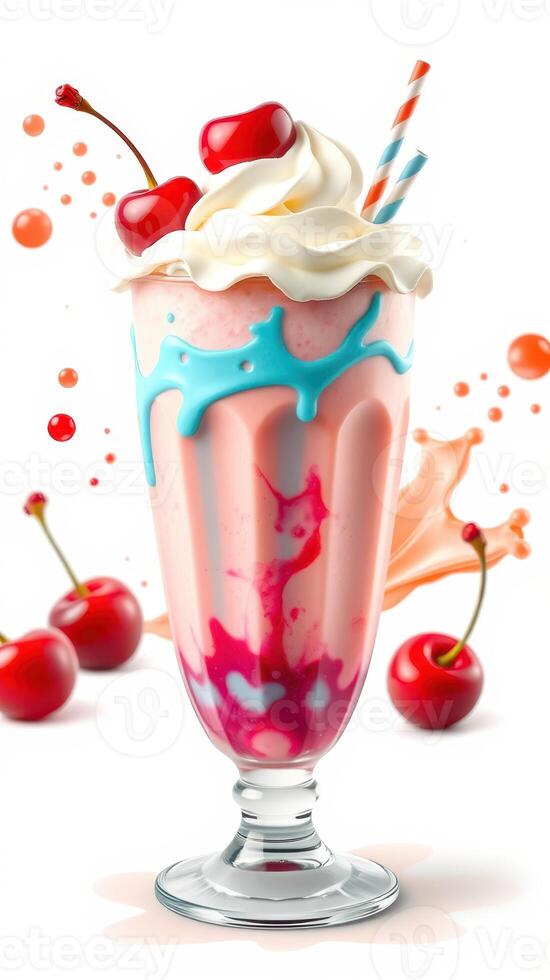 Vibrant cherry milkshake with colorful toppings served in a tall glass photo