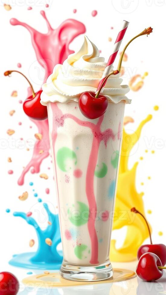 Colorful milkshake topped with whipped cream and cherries splashed against a bright background photo