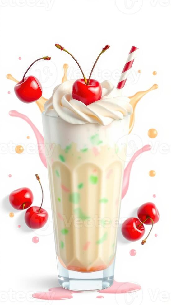 Colorful milkshake topped with cherries in a tall glass with a playful splash effect photo